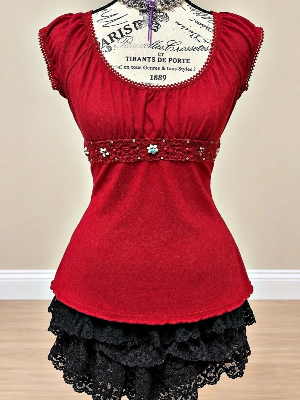 Self Esteem Embellished Red & Black Blouse Size Large